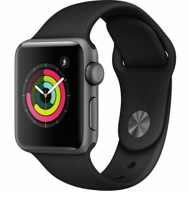 Apple Watch Series 3 42mm Space Gray with black silicone band showing activity rings on display in good condition