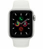Apple Watch Series 5 40mm Silver with white silicone band showing activity, call, music, and heart icons on screen