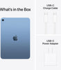 Blue New 2025 iPad 11-inch back view with USB-C charge cable and USB-C power adapter included in box