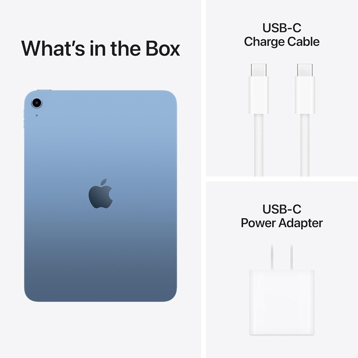 Blue New 2025 iPad 11-inch back view with USB-C charge cable and USB-C power adapter included in box