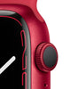 Close-up of red Apple Watch Series 7 digital crown and curved screen edge with sleek aluminum case finish