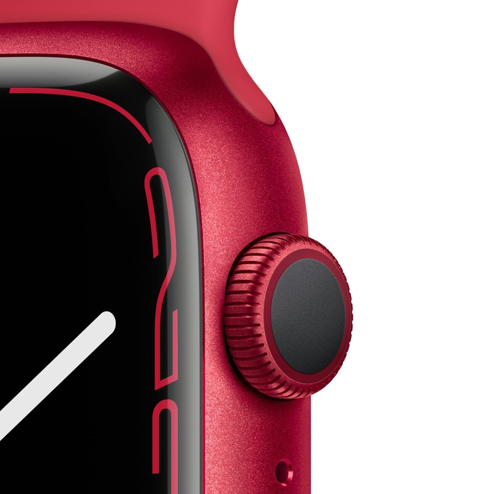 Close-up of red Apple Watch Series 7 digital crown and curved screen edge with sleek aluminum case finish
