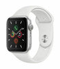 Apple Watch Series 5 in silver with white silicone band showing active app icons on 40mm display front view
