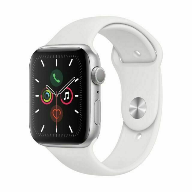 Apple Watch Series 5 in silver with white silicone band showing active app icons on 40mm display front view