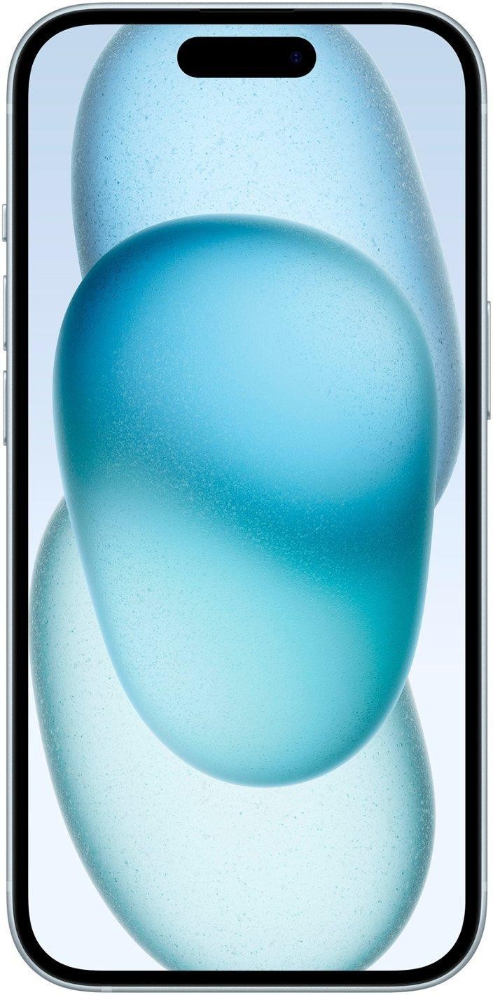 Apple iPhone 15 A2846 front view with 6.1-inch display showing blue abstract wallpaper unlocked 256GB very good condition