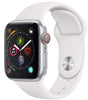 Silver Apple Watch Series 4 with white silicone band showing watch face with fitness and weather apps, GPS and cellular model