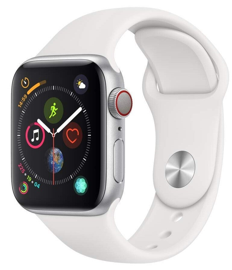 Silver Apple Watch Series 4 with white silicone band showing watch face with fitness and weather apps, GPS and cellular model