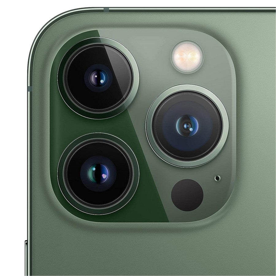 Close-up of Apple iPhone 13 Pro Alpine Green showing triple camera system and flash on unlocked 128GB model A2483
