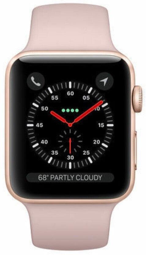 Apple Watch Series 3 38mm in rose gold with pink silicone band showing active watch face and side button