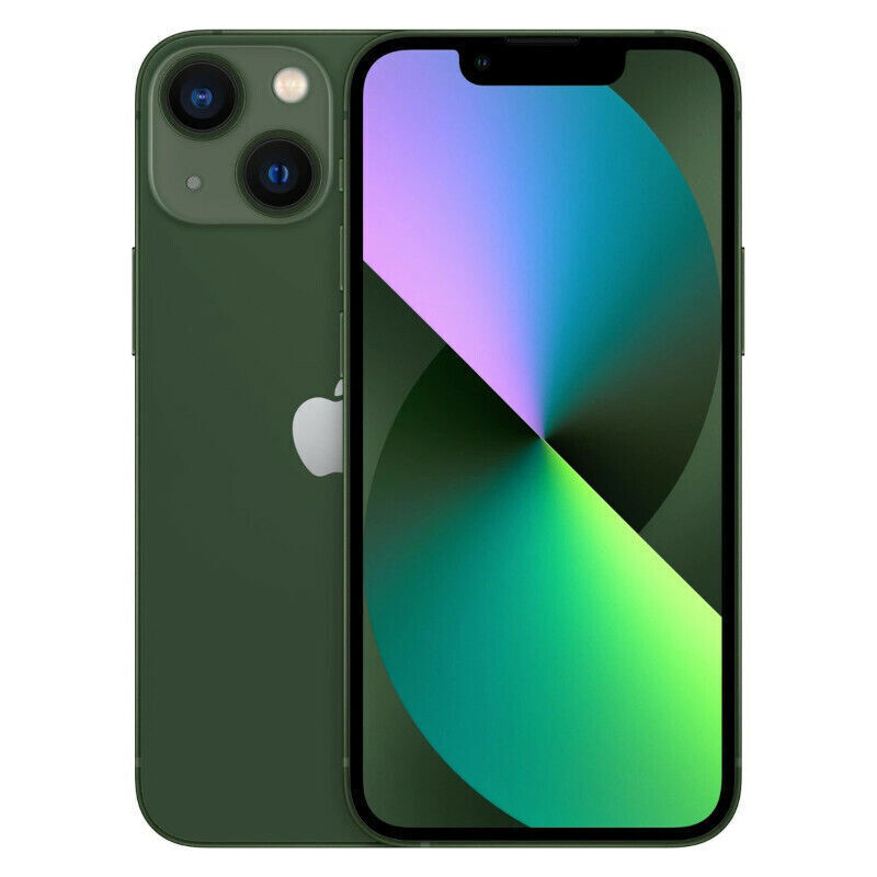 Green Apple iPhone 13 showing front display and dual rear cameras, unlocked with 6.1-inch screen in excellent condition