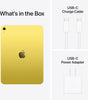 Yellow Apple iPad 11-inch 11th Gen back view with USB-C charge cable and USB-C power adapter in the box