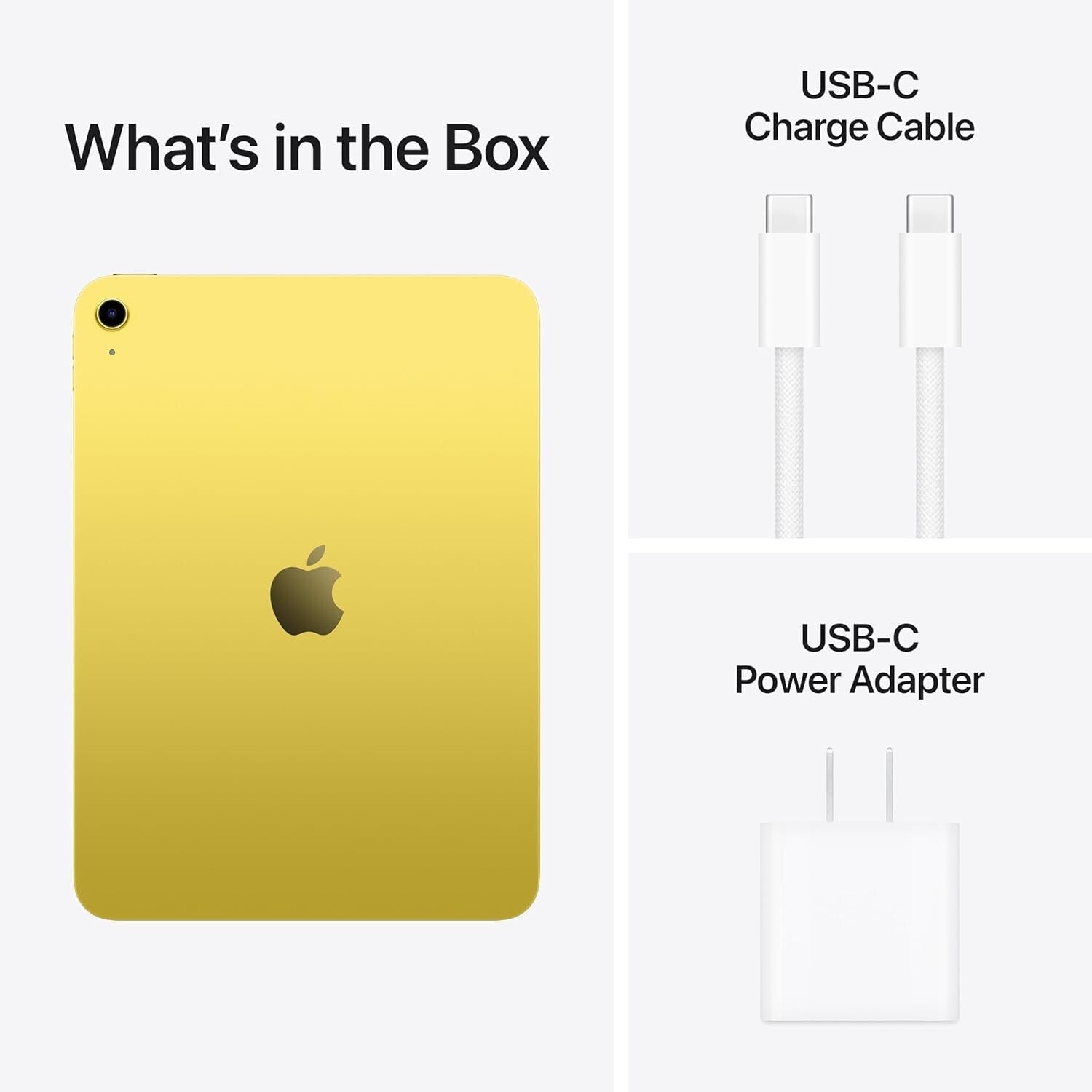 Yellow Apple iPad 11-inch 11th Gen back view with USB-C charge cable and USB-C power adapter in the box
