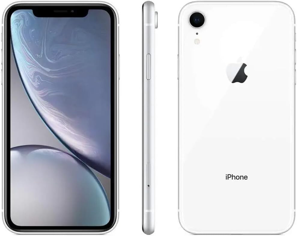 Apple iPhone XR 64GB in white shown from front, side, and back with factory unlocked status and 6.1-inch display.