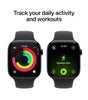 Apple Watch Series 11 46mm Jet Black Aluminum with Black Sport Band showing activity rings and outdoor run workout screen