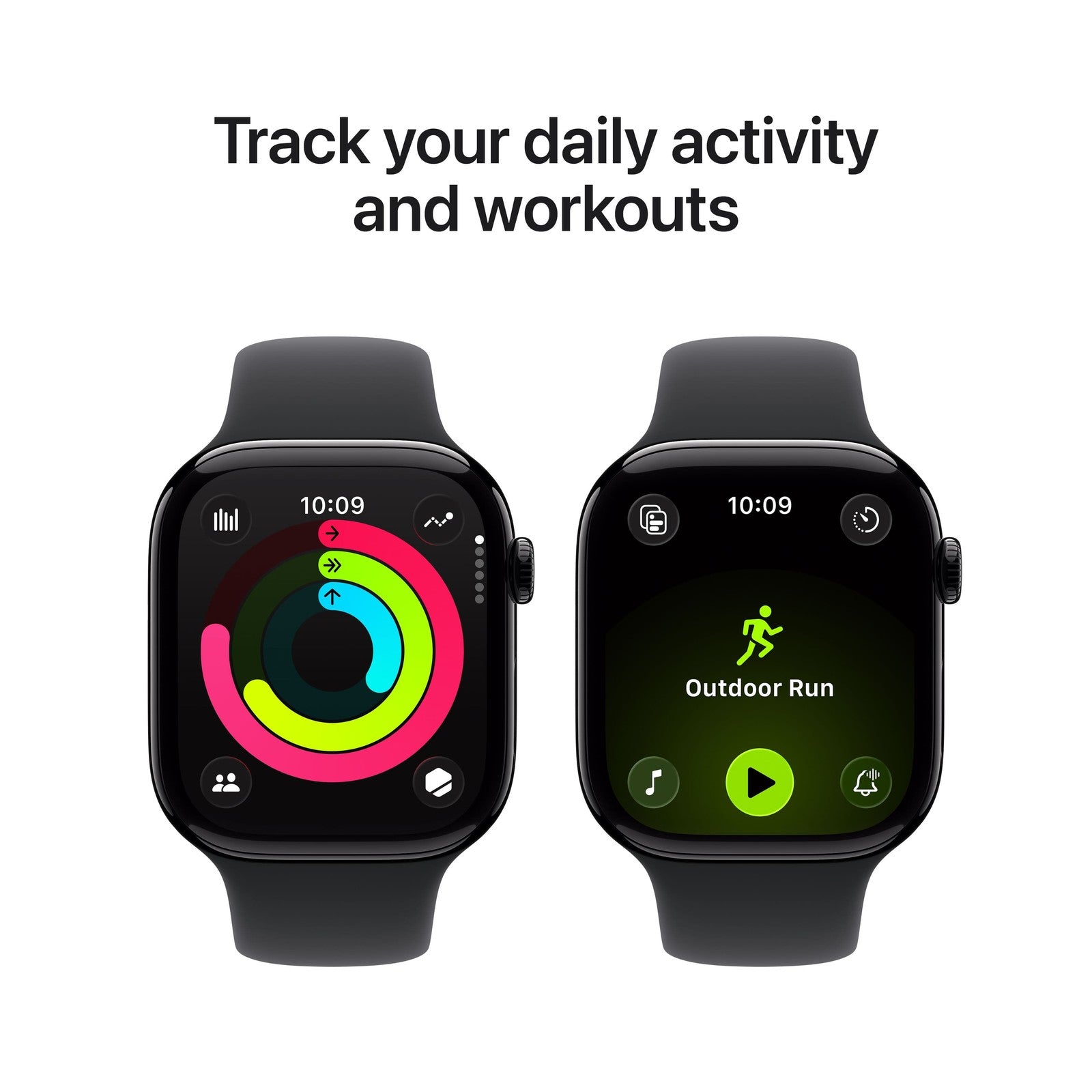 Apple Watch Series 11 46mm Jet Black Aluminum with Black Sport Band showing activity rings and outdoor run workout screen
