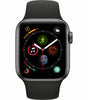 Apple Watch Series 4 Space Gray with black silicone band showing fitness and weather app icons on screen