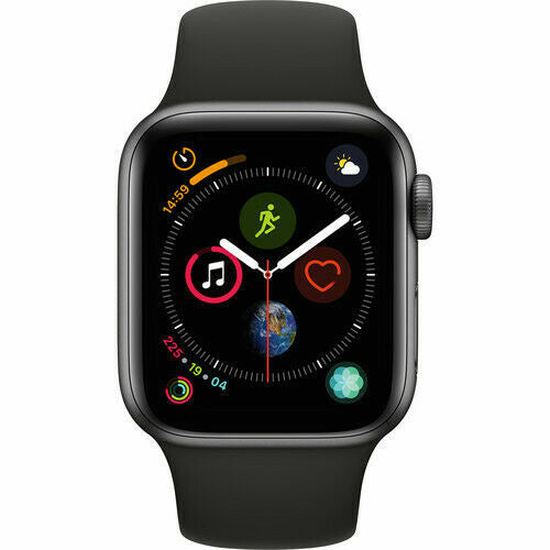 Apple Watch Series 4 Space Gray with black silicone band showing fitness and weather app icons on screen