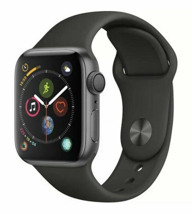 Apple Watch Series 4 Space Gray 44mm with black silicone band showing active fitness and app display