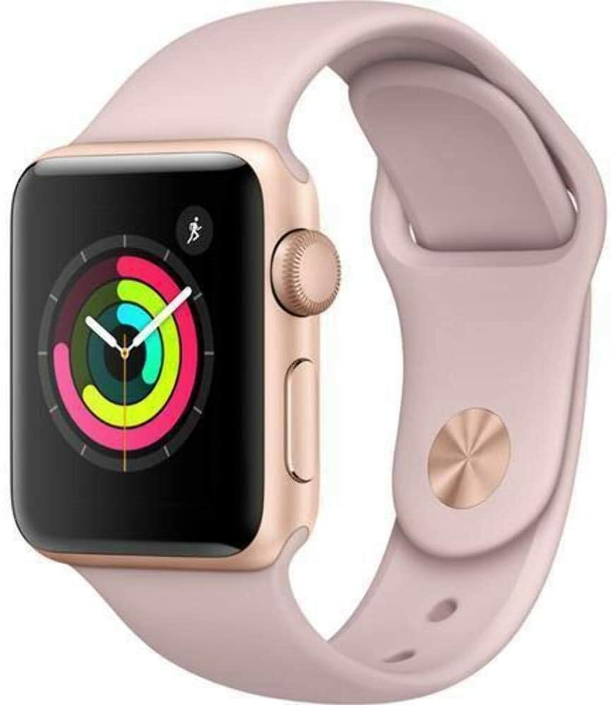 Apple Watch Series 3 38mm Rose Gold case with pink silicone band showing activity rings on display