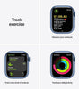 Apple Watch Series 7 in blue showing exercise tracking, workout options, and daily activity rings on screen