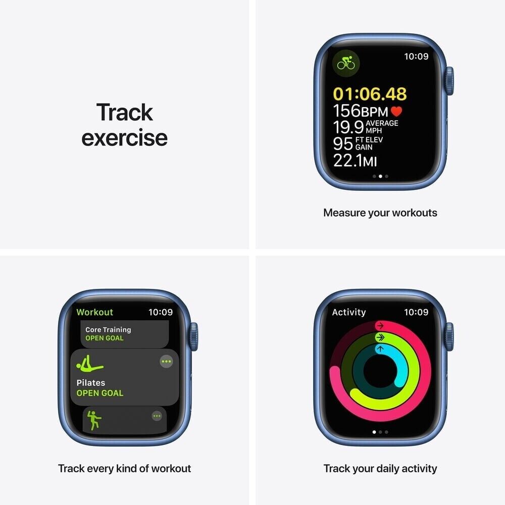 Apple Watch Series 7 in blue showing exercise tracking, workout options, and daily activity rings on screen