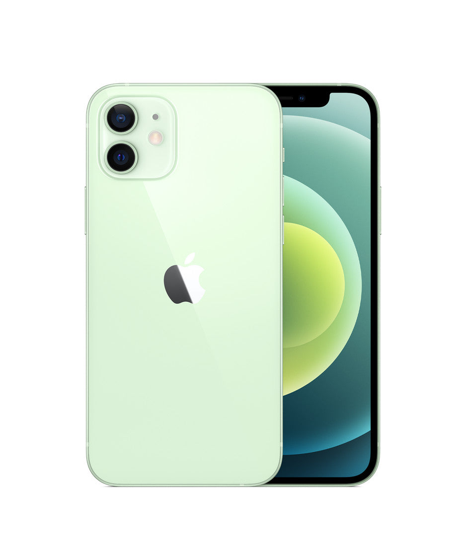 Apple iPhone 12 mini in green showing front and back with dual cameras and 5.4-inch display, excellent condition network locked model