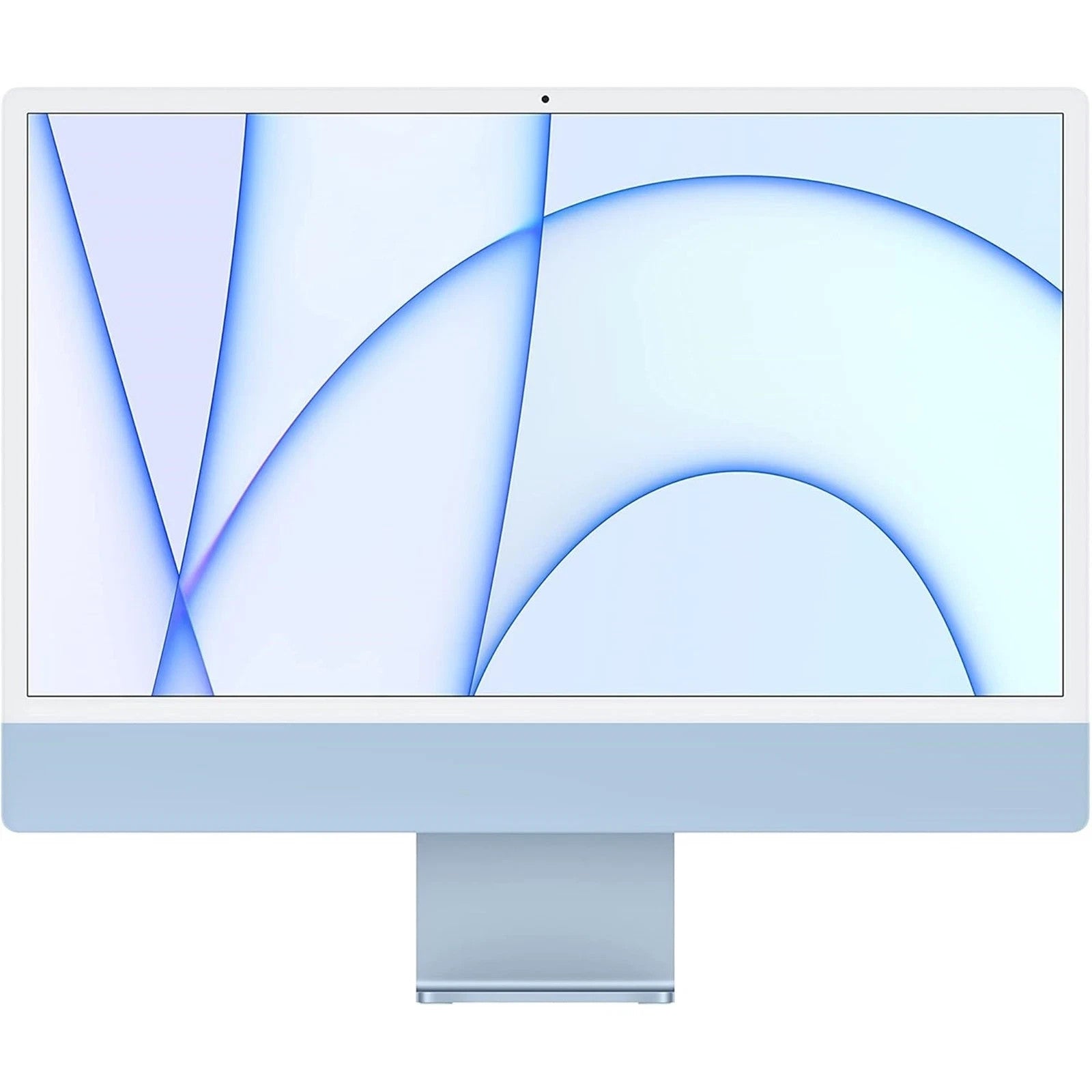 Apple iMac 2021 with 24-inch display, M1 chip, 7-core GPU, 8GB RAM, and 256GB SSD in light blue color front view on white background