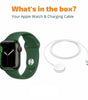 Apple Watch Series 7 with green silicone band and white magnetic charging cable shown with text "What's in the box?