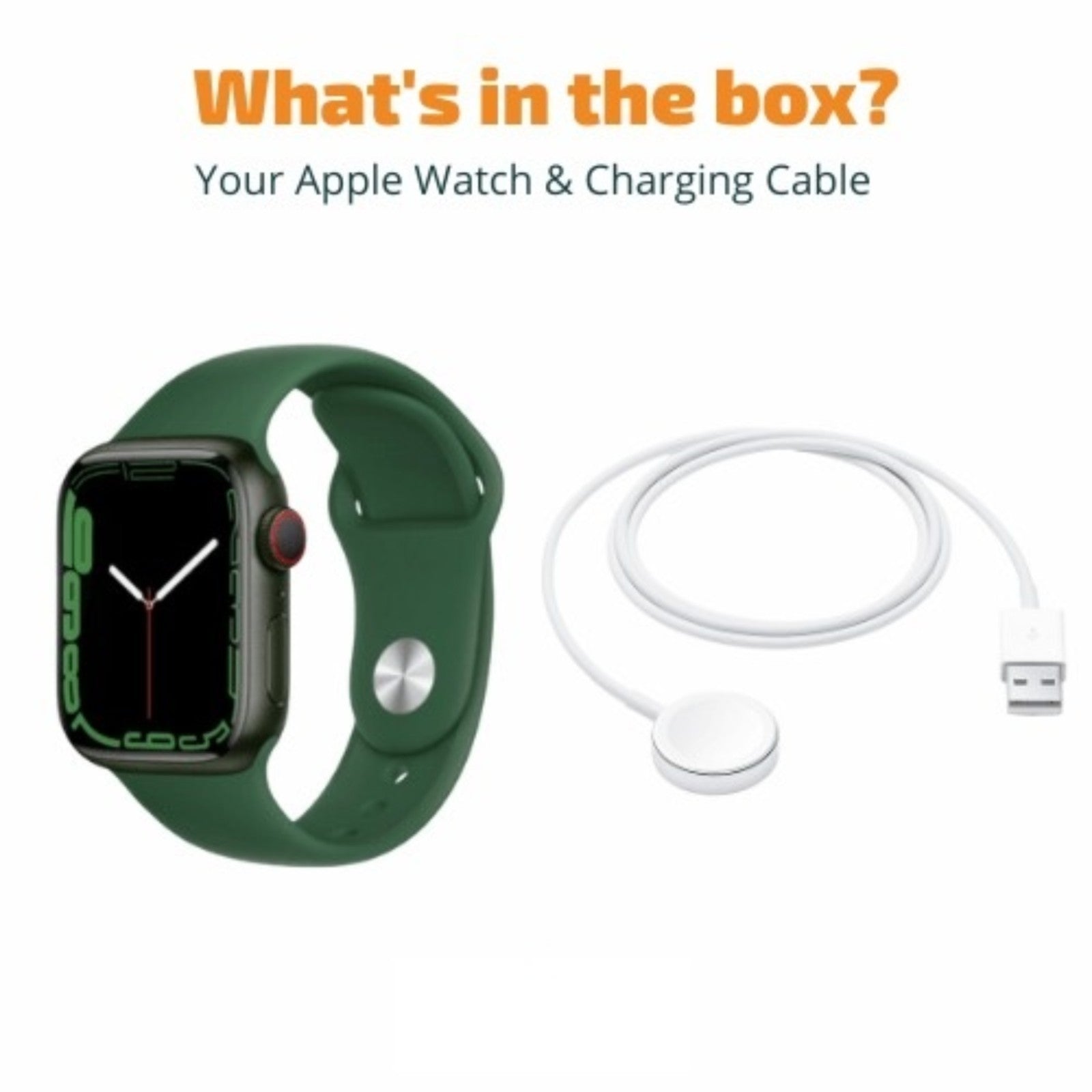 Apple Watch Series 7 with green silicone band and white magnetic charging cable shown with text "What's in the box?