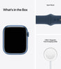 Apple Watch Series 7 41mm blue case with sport band and USB-C magnetic fast charging cable included in box
