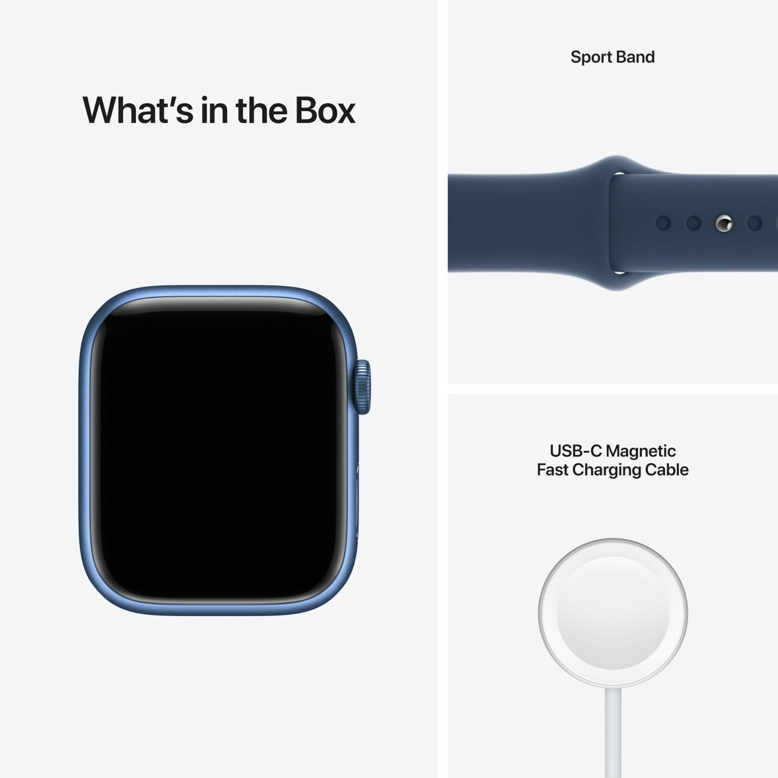 Apple Watch Series 7 41mm blue case with sport band and USB-C magnetic fast charging cable included in box