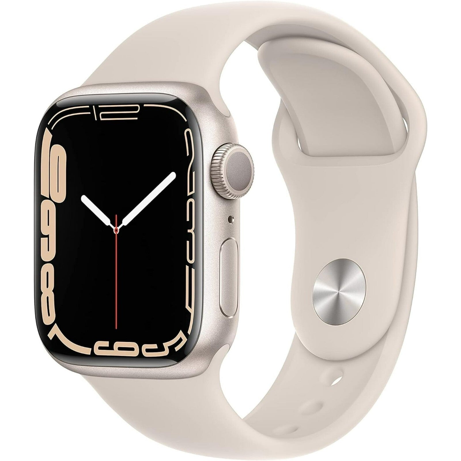 Apple Watch Series 7 41mm in silver with starlight silicone band showing side button and digital crown details