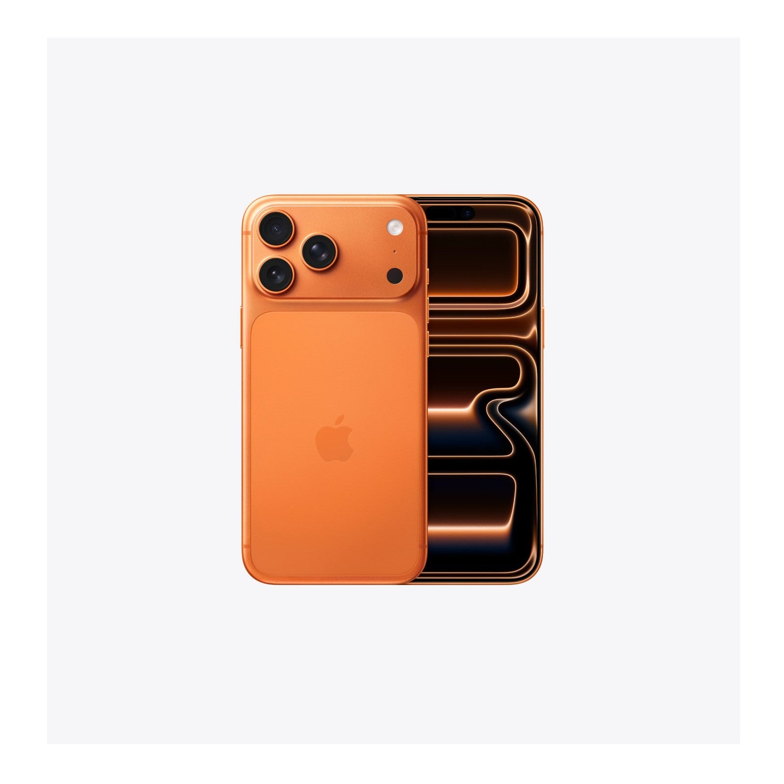 Apple iPhone 17 Pro Max Cosmic Orange showing front and triple rear cameras, unlocked US version with 512GB storage and eSIM