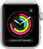 Silver Apple Watch Series 3 42mm with white silicone band showing activity rings and 5K training alert on screen