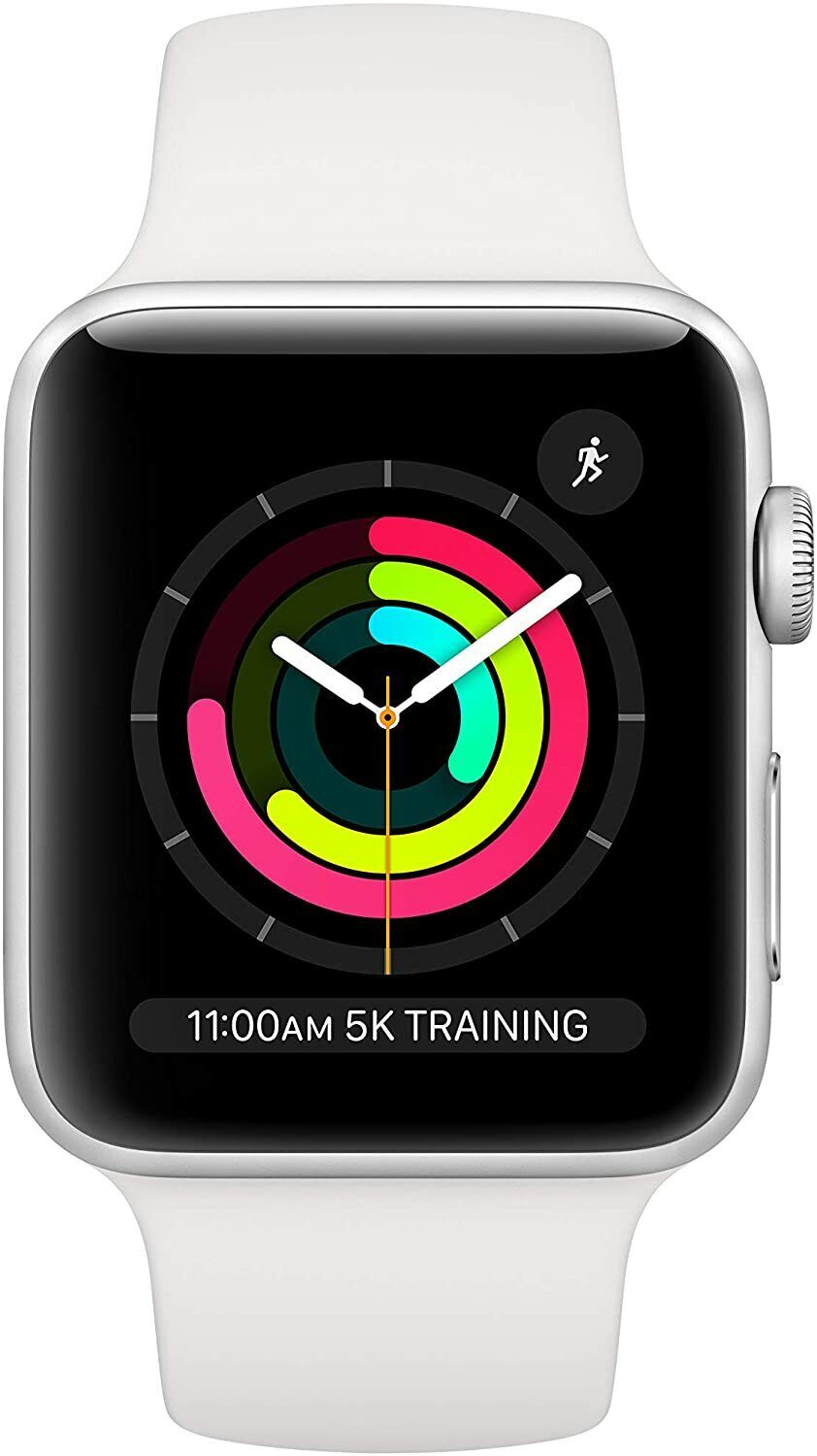 Silver Apple Watch Series 3 42mm with white silicone band showing activity rings and 5K training alert on screen