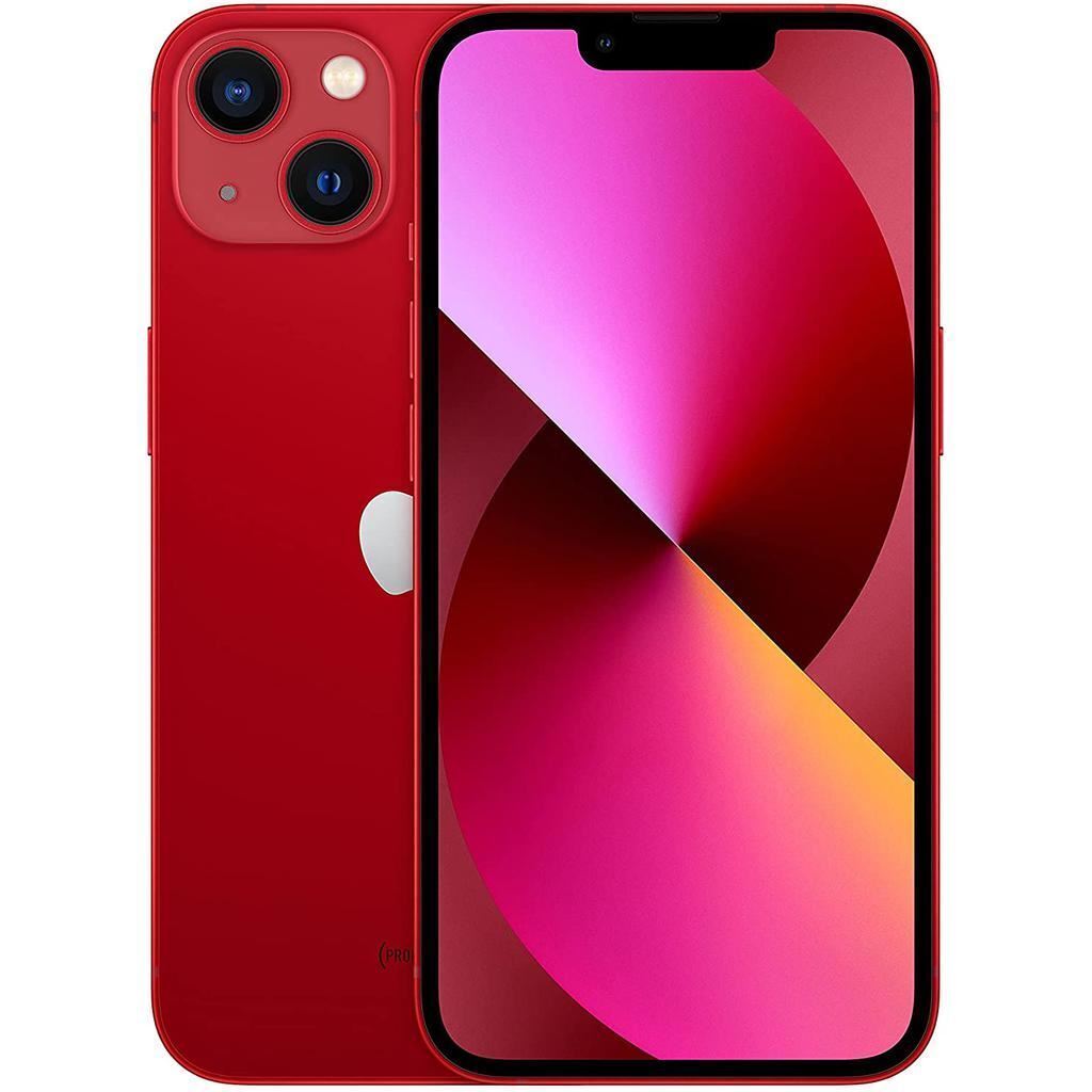 Red Apple iPhone 13 with dual rear cameras and 6.1-inch display showing front and back, excellent condition unlocked model
