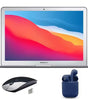 Apple MacBook Air 13 inch laptop front view with colorful screen, wireless mouse and navy blue wireless earbuds bundle