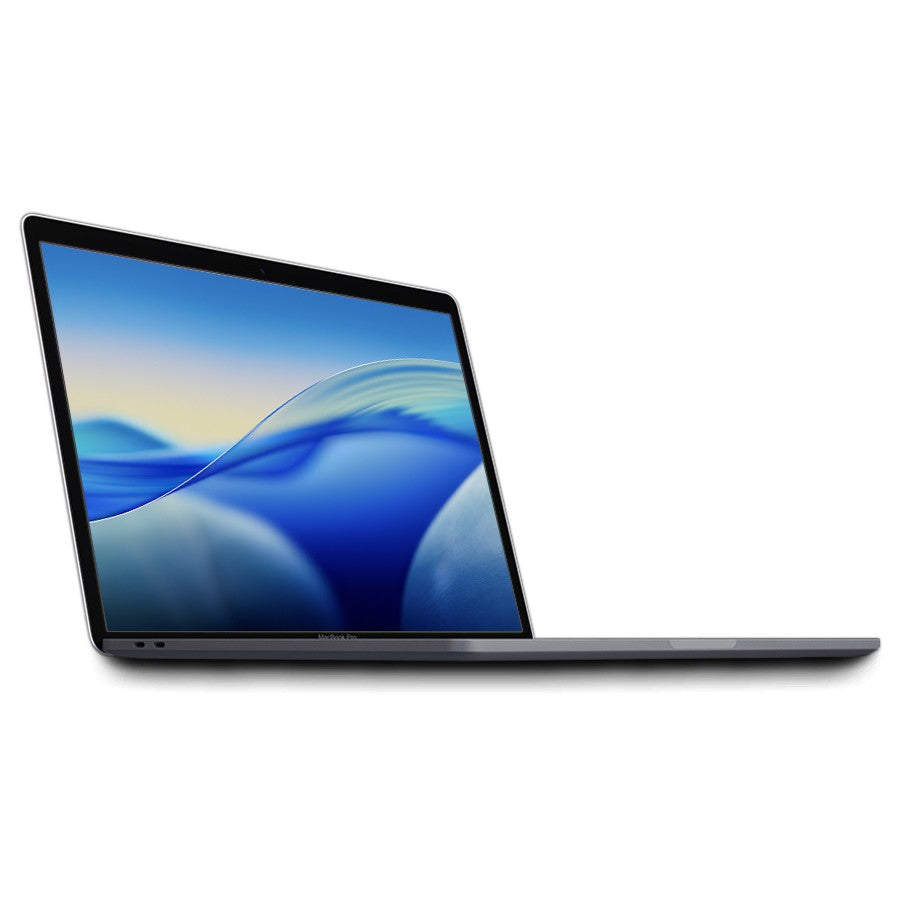 Space Gray 2019 Apple MacBook Pro 16-inch showing side view with screen on and slim design, Intel Core i9 model