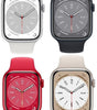Apple Watch Series 8 45mm with aluminum case in black, silver, red, and starlight colors, showing front display views