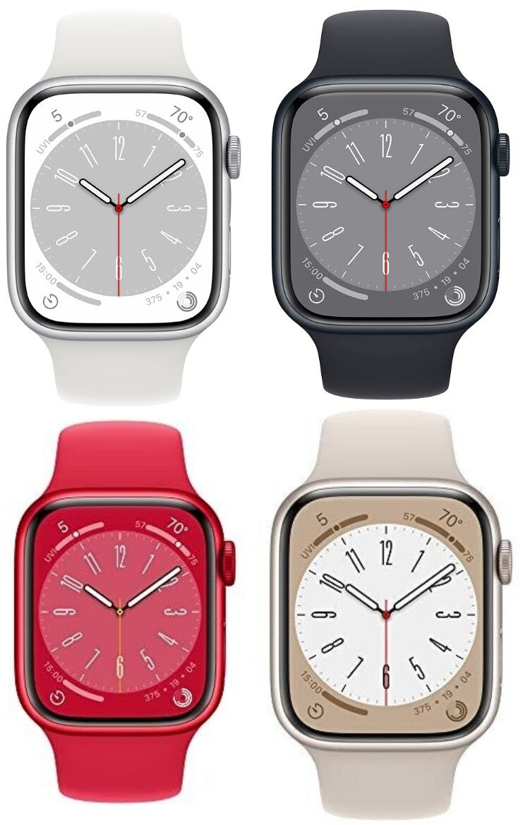 Apple Watch Series 8 45mm with aluminum case in black, silver, red, and starlight colors, showing front display views