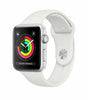 Apple Watch Series 3 Silver with white silicone band showing fitness activity rings on 38mm display