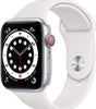 Apple Watch Series 6 silver case with white silicone band showing watch face and side button details unlocked model