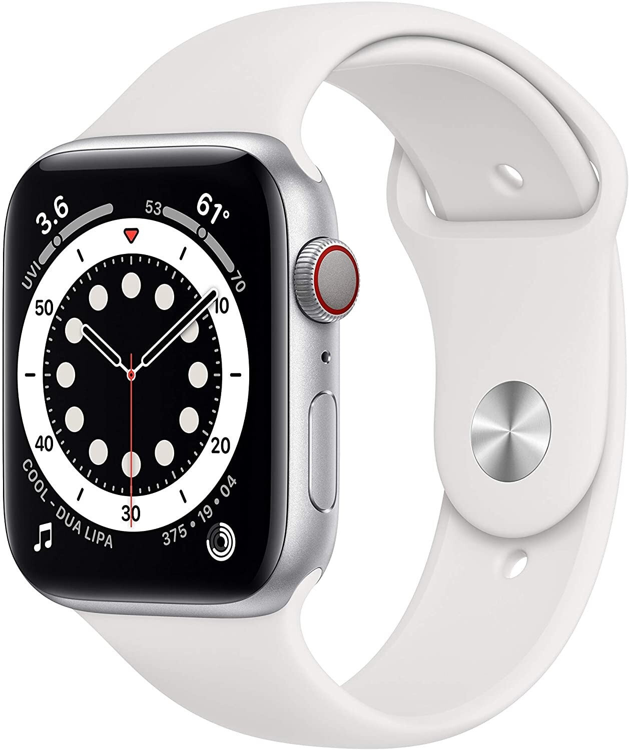 Apple Watch Series 6 silver case with white silicone band showing watch face and side button details unlocked model