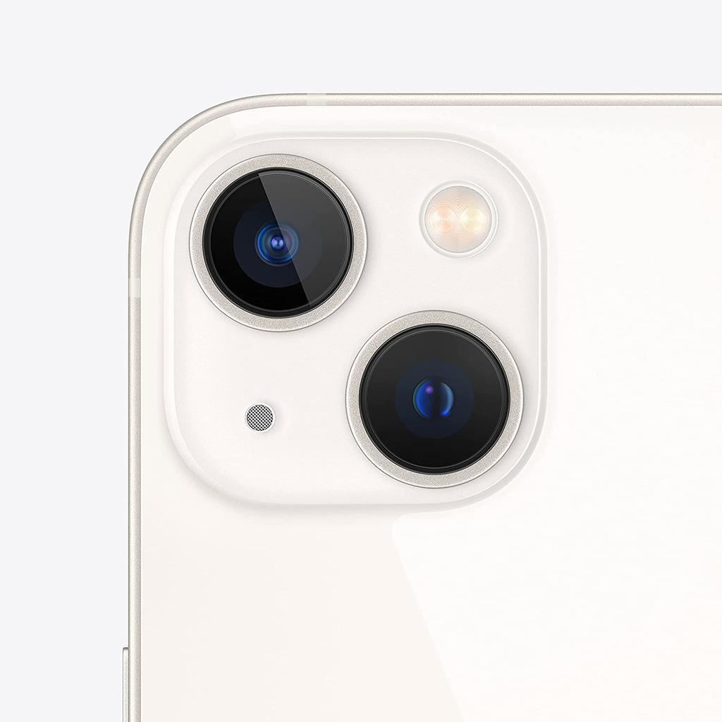 Close-up of white Apple iPhone 13 rear dual cameras and flash on excellent condition unlocked model