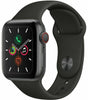 Apple Watch Series 5 space gray with black silicone band showing side button and digital crown in excellent condition