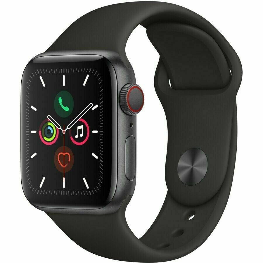 Apple Watch Series 5 space gray with black silicone band showing side button and digital crown in excellent condition