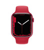 Apple Watch Series 7 in red with 41mm display showing bold red numbers and black background, silicone band