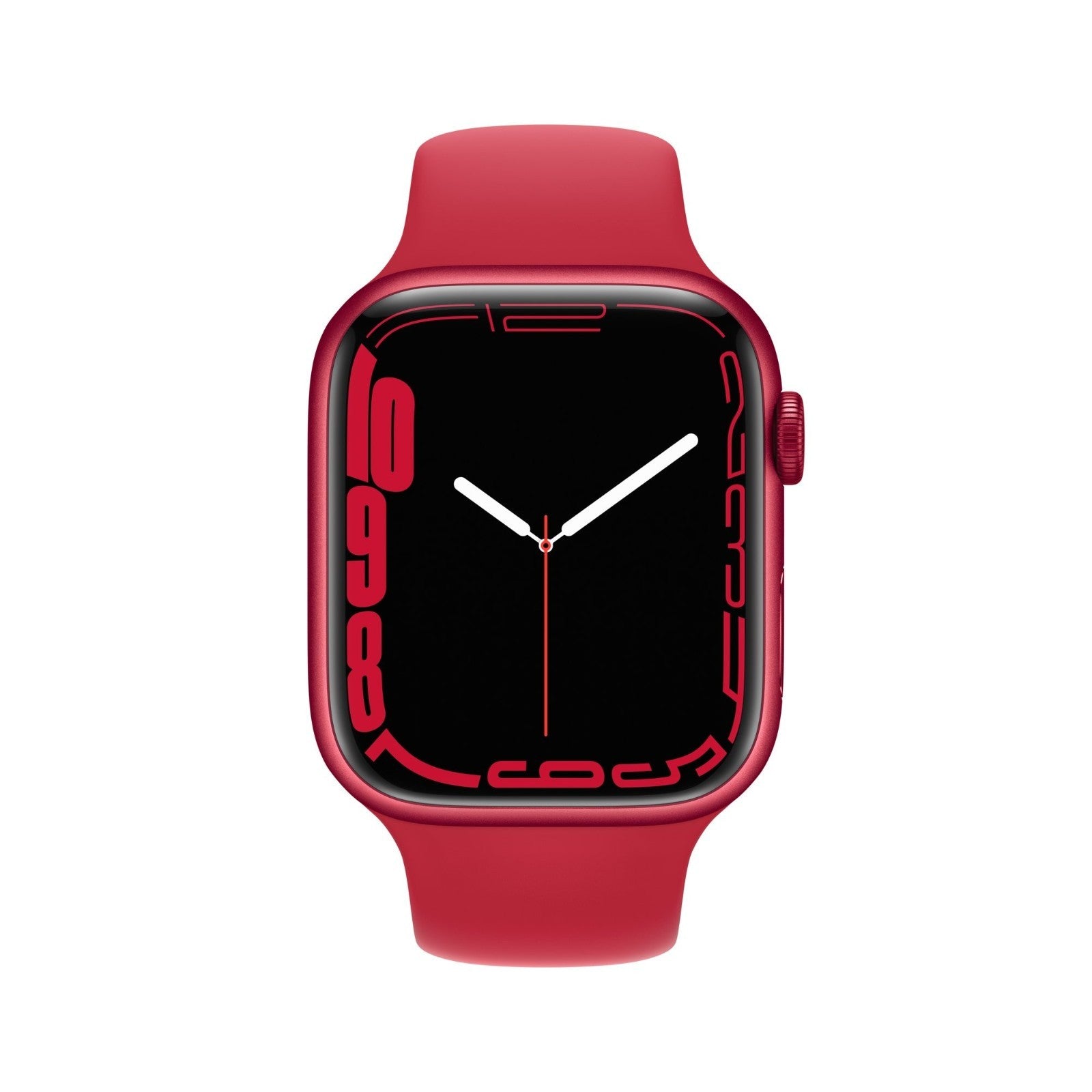 Apple Watch Series 7 in red with 41mm display showing bold red numbers and black background, silicone band