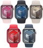 Apple Watch Series 9 45mm aluminum case in silver, black, pink, red, and starlight with silicone bands, unlocked model display front view