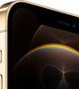 Close-up of gold Apple iPhone 12 Pro showing front screen with notch and side buttons, great condition unlocked model